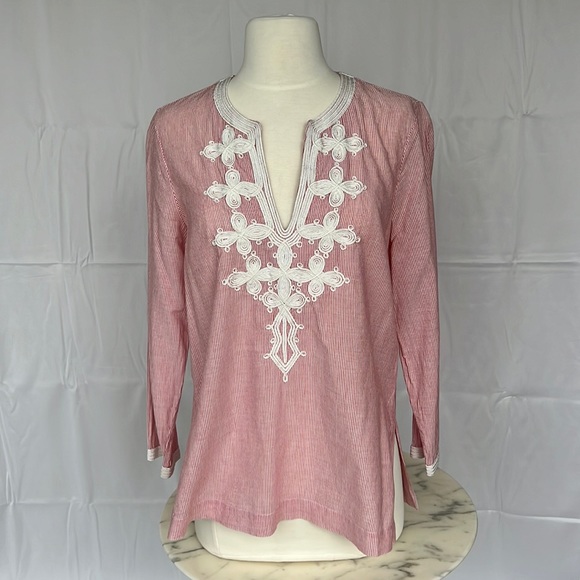 J Crew Embroidered red and white pin stripe tunic top. Size 6 - Picture 2 of 12